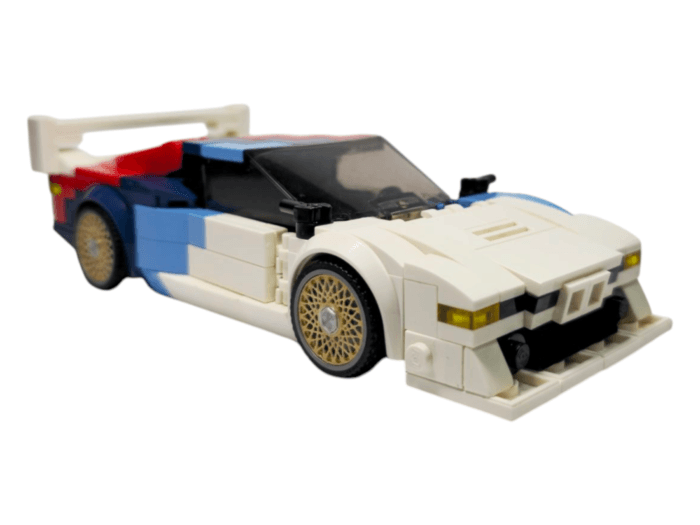 Lego BMW M1 moc procar white and blue and red with custom bbs wheel covers in gold color